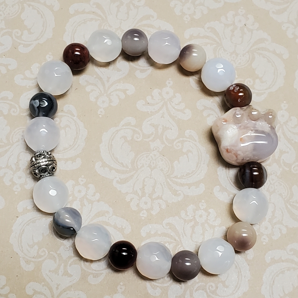 Botswana White Sakura Flower Agate Crystal Art Design Bracelet Cat Paw
